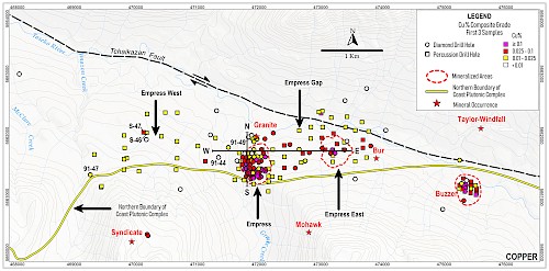 Greater Empress Area: Historical Shallow Percussion & Core Drill Holes, Cu-Au Replacement & Porphyry Targets near CPC Contact with Cu Concentrations in First 3 Bedrock Samples Below Overburden